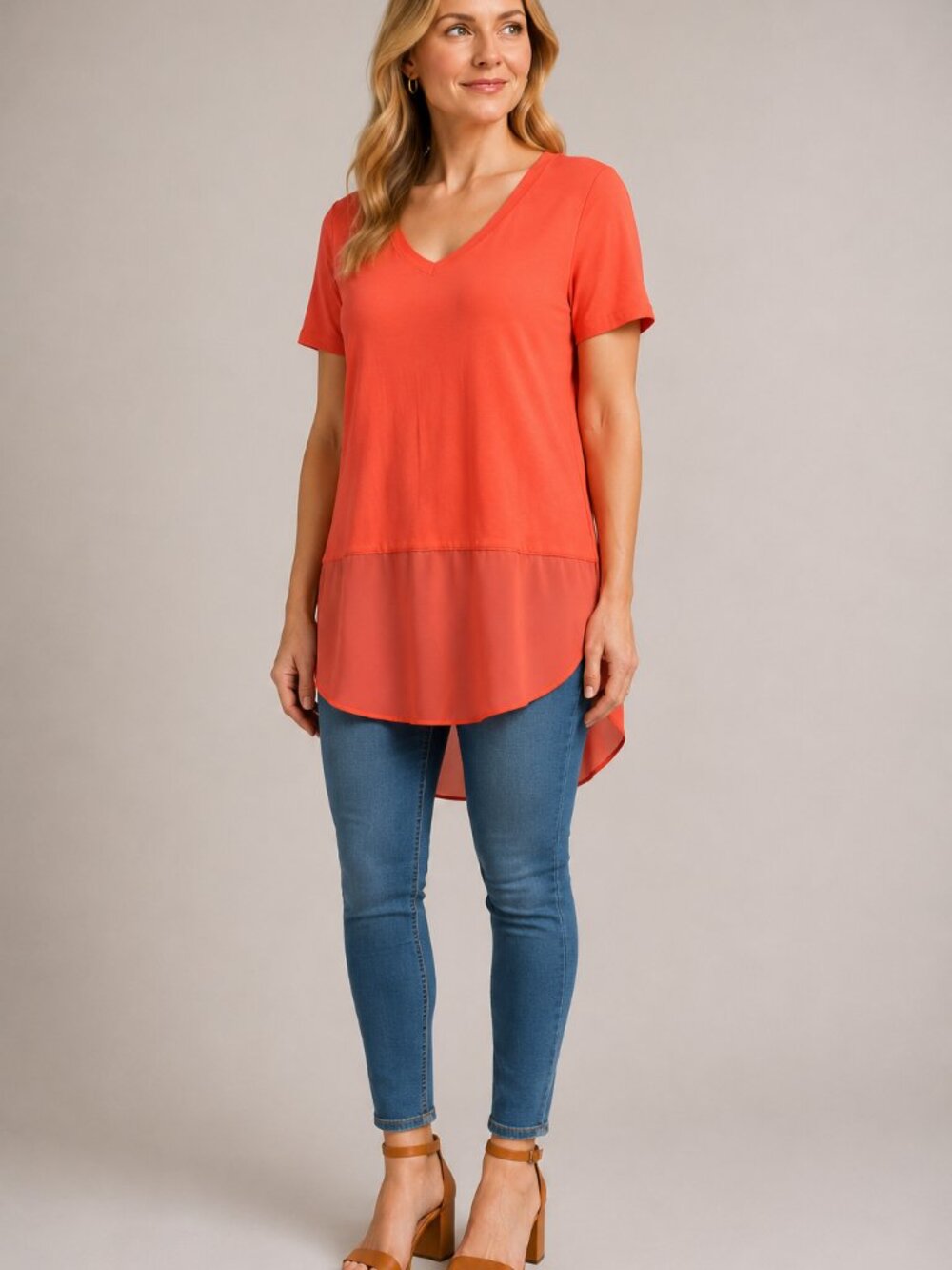 Premise Coral Orange Mixed Media V-Neck High Low Tunic Top Small